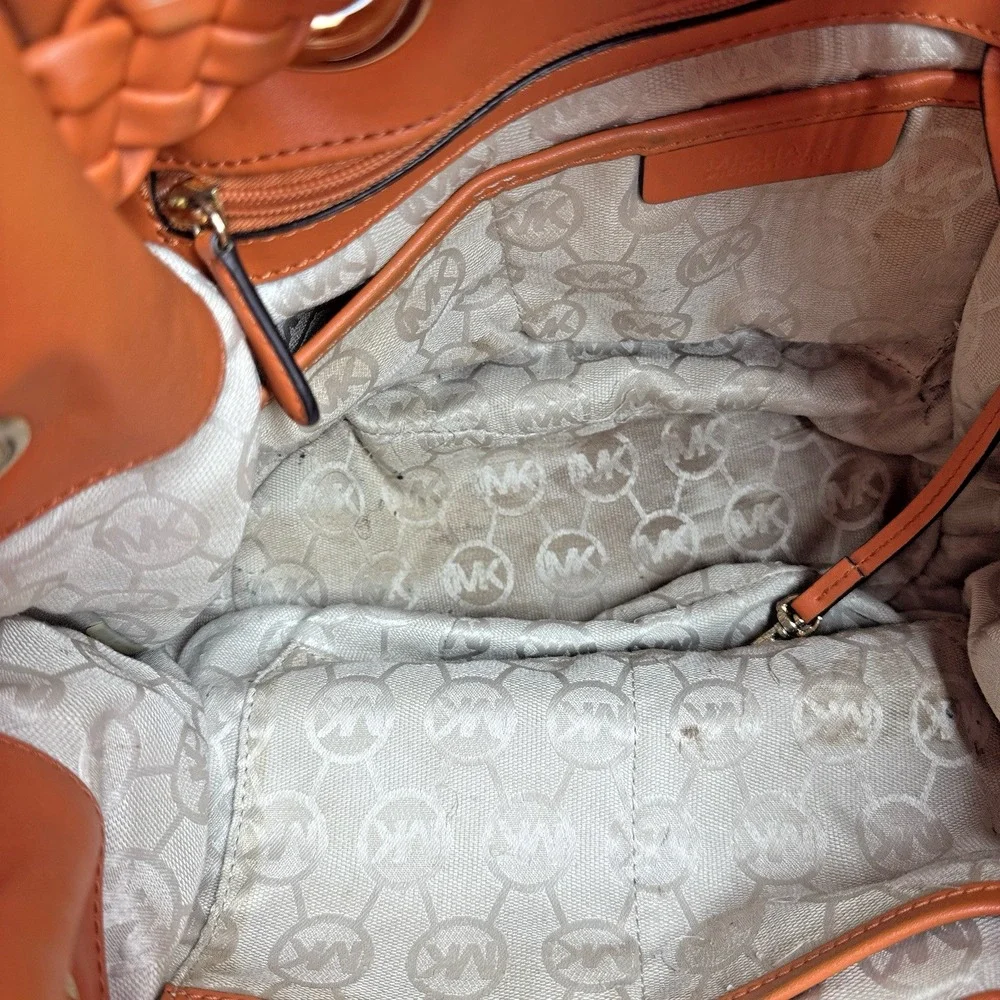 Michael Kors Carlton Large Straw Hobo Bag Braided Leather Grommet Tassel Tan